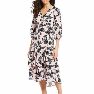 Eliza J Pink Black Floral Faux Wrap Long Sleeve Dress Size 16 NWT